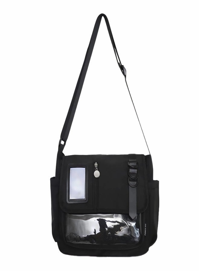Winatehr black ita messenger bag for women, large capacity cute pin display crossbody bags, kawaii japanese anime ladies purse with water bottle holder, y2k korean college aesthetic carteras para mujer - Image 1
